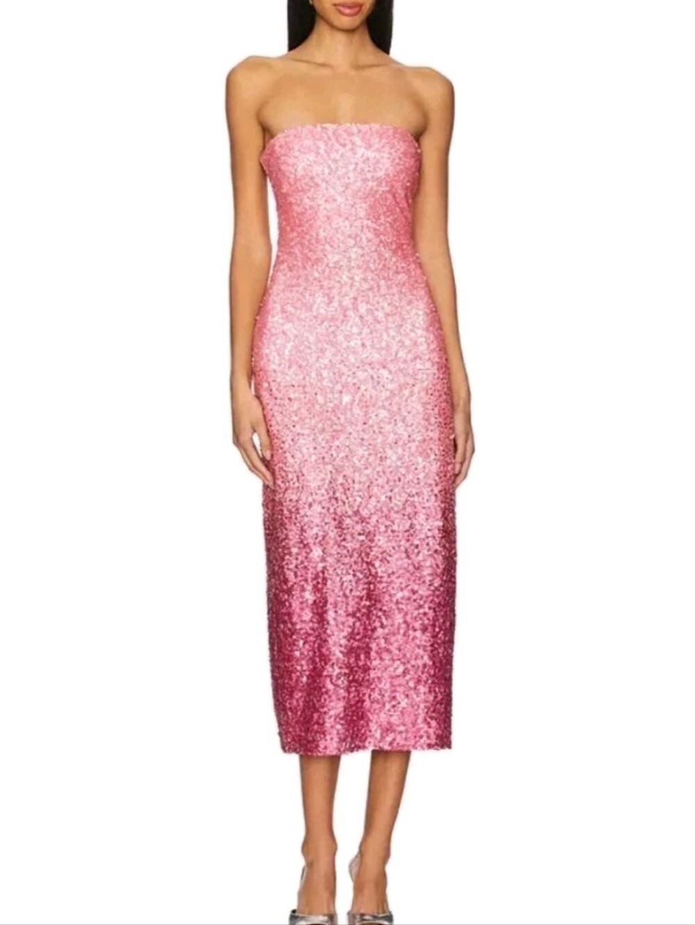 LoveShackFancy Size 2 Pink Stasia Sequined Strapless Midi Dress Msrp $595